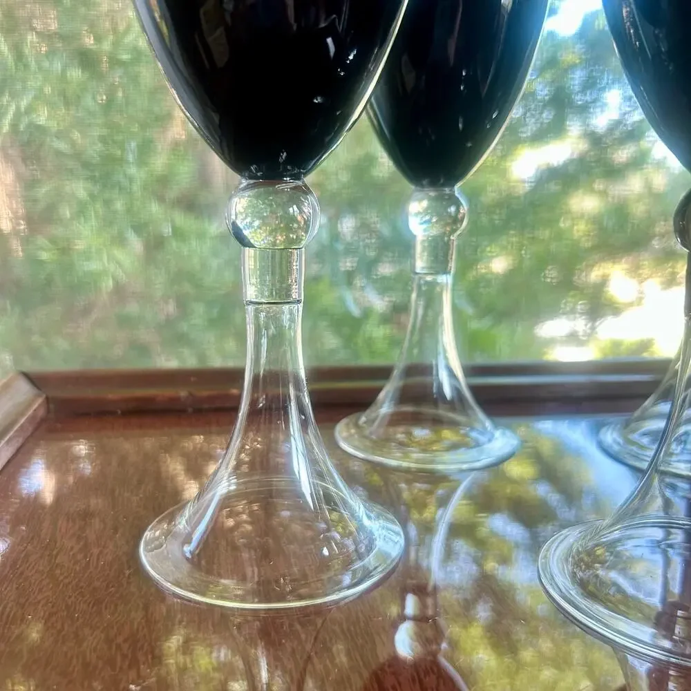 Set of 4 Pier 1 Imports Vintage Dante Black Wine Glasses Water Goblets